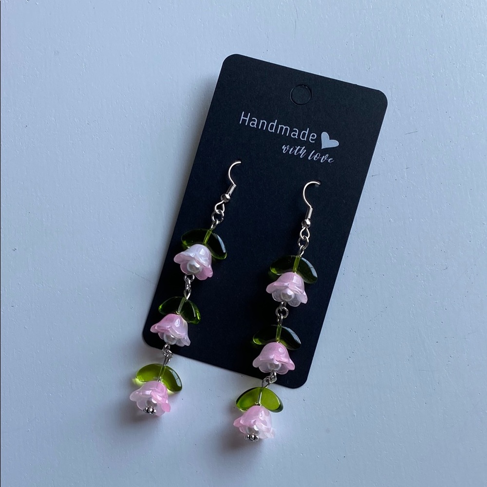 Pink and Green Floral Drop Earrings